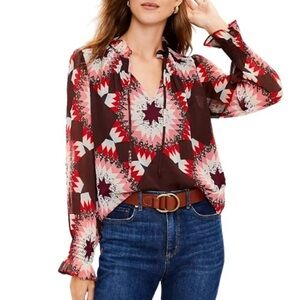 LOFT Women’s Navajo Aztec Blouse Brown Combo Chiffon Bohemian